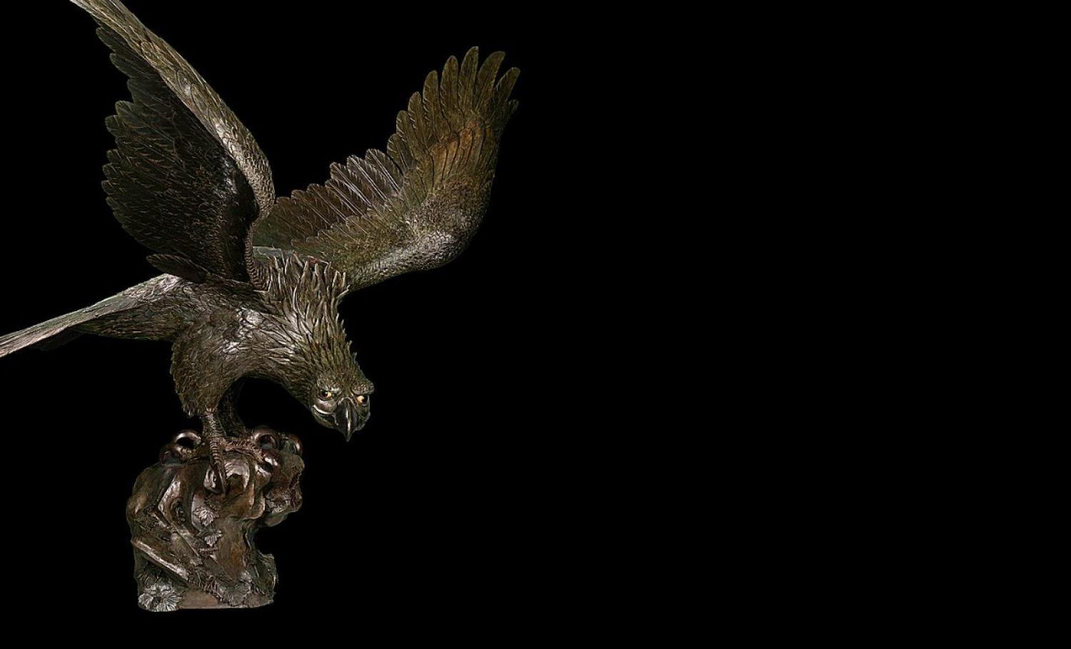 Eagle, c. 1890s; attributed to Suzuki Chōkichi (1848–1919). Bronze, gold, shakudō, c. 75 x 67 x 49 in., McMullen Museum of Art