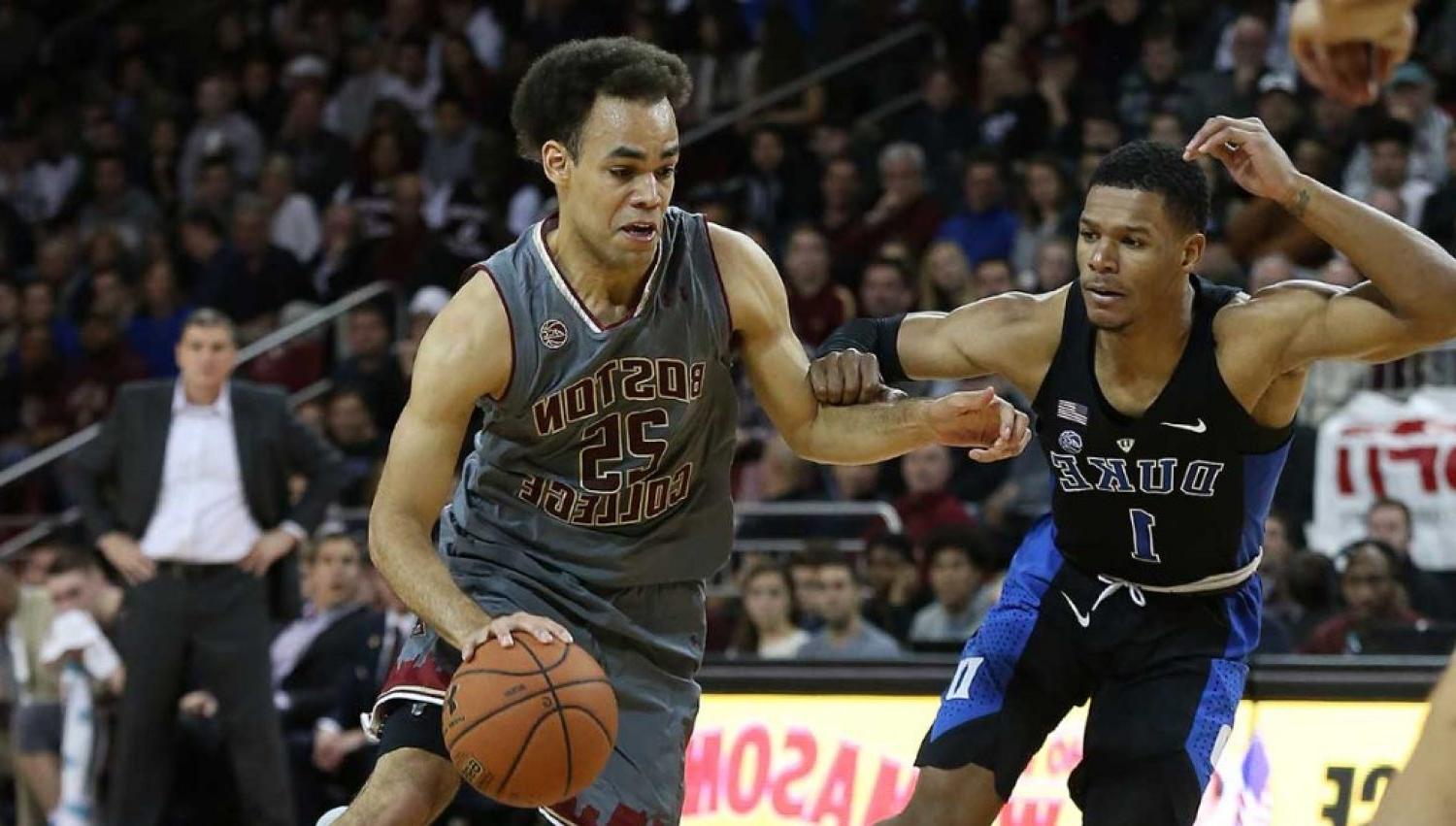 BC men's basketball player Jordan Chatman faces off against Duke