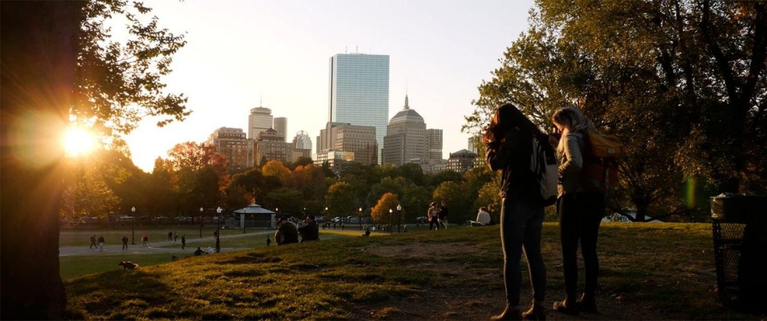 Boston's Public Garden at dusk in autumn.