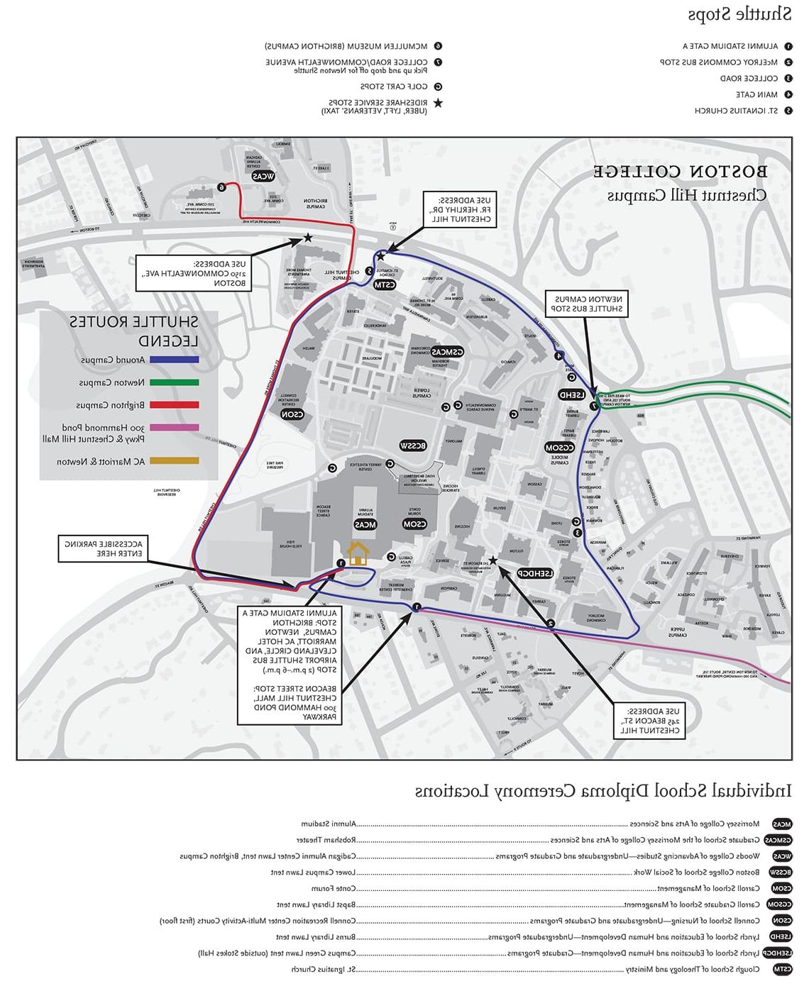 shuttle bus stop map for Commencement 2024