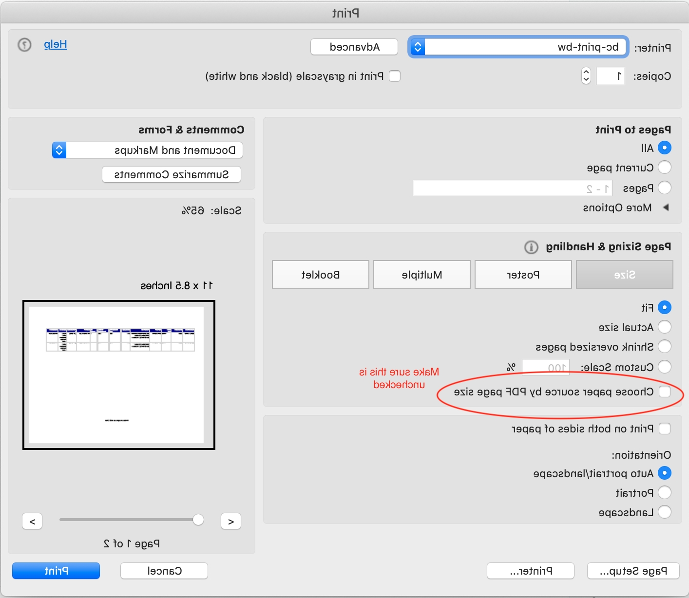 On the 打印 dialog, uncheck the Choose paper source by PDF page size box