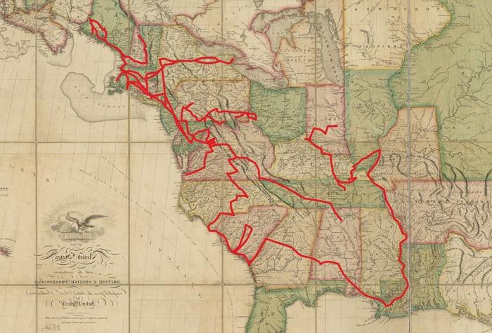 Early 19th Century United States map with lines marking Routes that writer Anne Royall traveled on U.S. Postal Service stagecoaches